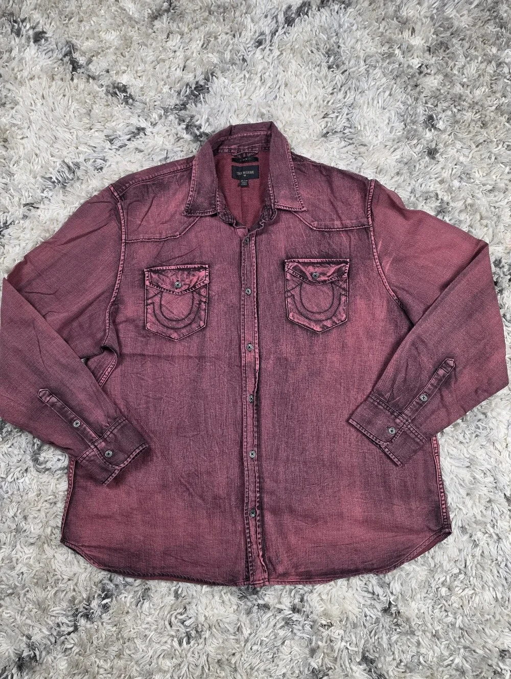 True Religion Western Shirt Mens 3XL Slim Maroon Burgundy Denim Long Sleeve